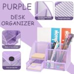 A complete Scindaly 12-piece purple desk organizer and accessories set, neatly arranged on a white surface.