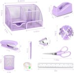 A complete Scindaly 12-piece purple desk organizer and accessories set, neatly arranged on a white surface.