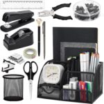 Black SYMDROMIA 13-in-1 office desk organizer set with stapler, scissors, pens, and tape dispenser arranged neatly.