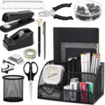 Black SYMDROMIA 13-in-1 office desk organizer set with stapler, scissors, pens, and tape dispenser arranged neatly.