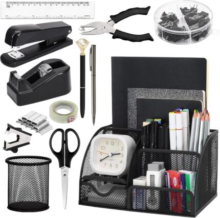 Black SYMDROMIA 13-in-1 office desk organizer set with stapler, scissors, pens, and tape dispenser arranged neatly.