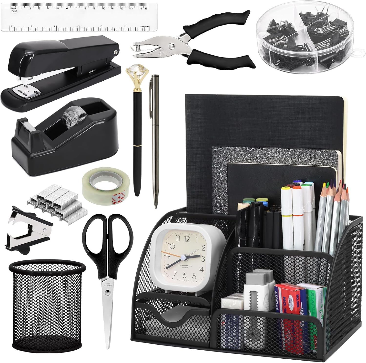 symdromia-13-in-1-black-office-desk-organizer-set-with-stapler-pens-01 Black SYMDROMIA 13-in-1 office desk organizer set with stapler, scissors, pens, and tape dispenser arranged neatly.