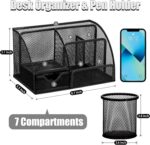Black SYMDROMIA 13-in-1 office desk organizer set with stapler, scissors, pens, and tape dispenser arranged neatly.
