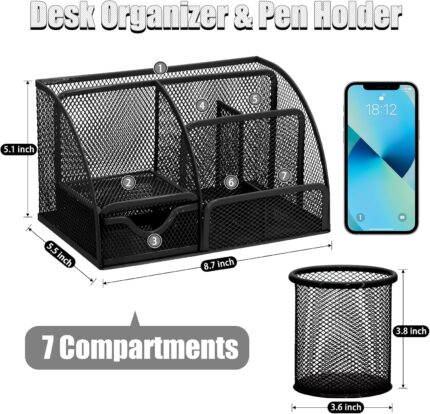 Black SYMDROMIA 13-in-1 office desk organizer set with stapler, scissors, pens, and tape dispenser arranged neatly.