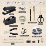 Black SYMDROMIA 13-in-1 office desk organizer set with stapler, scissors, pens, and tape dispenser arranged neatly.