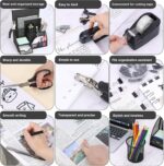 Black SYMDROMIA 13-in-1 office desk organizer set with stapler, scissors, pens, and tape dispenser arranged neatly.